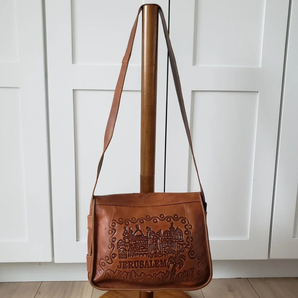 Holy Land Jerusalem Messenger Bag Unisex Medium Brown Leather Tooled Souvenir